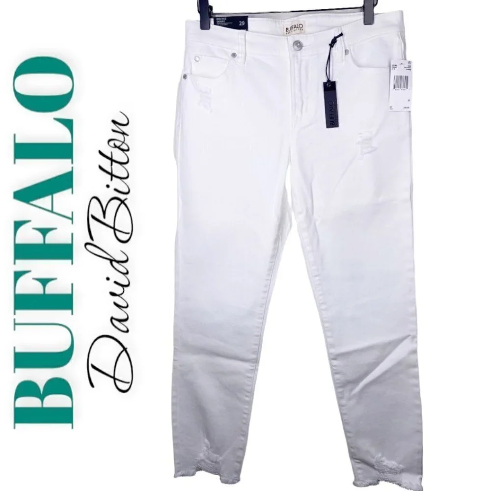 NWT‎ BUFFALO DAVID BITTON Faith White Mid Rise Skinny Jeans Frayed Hem, Size 29